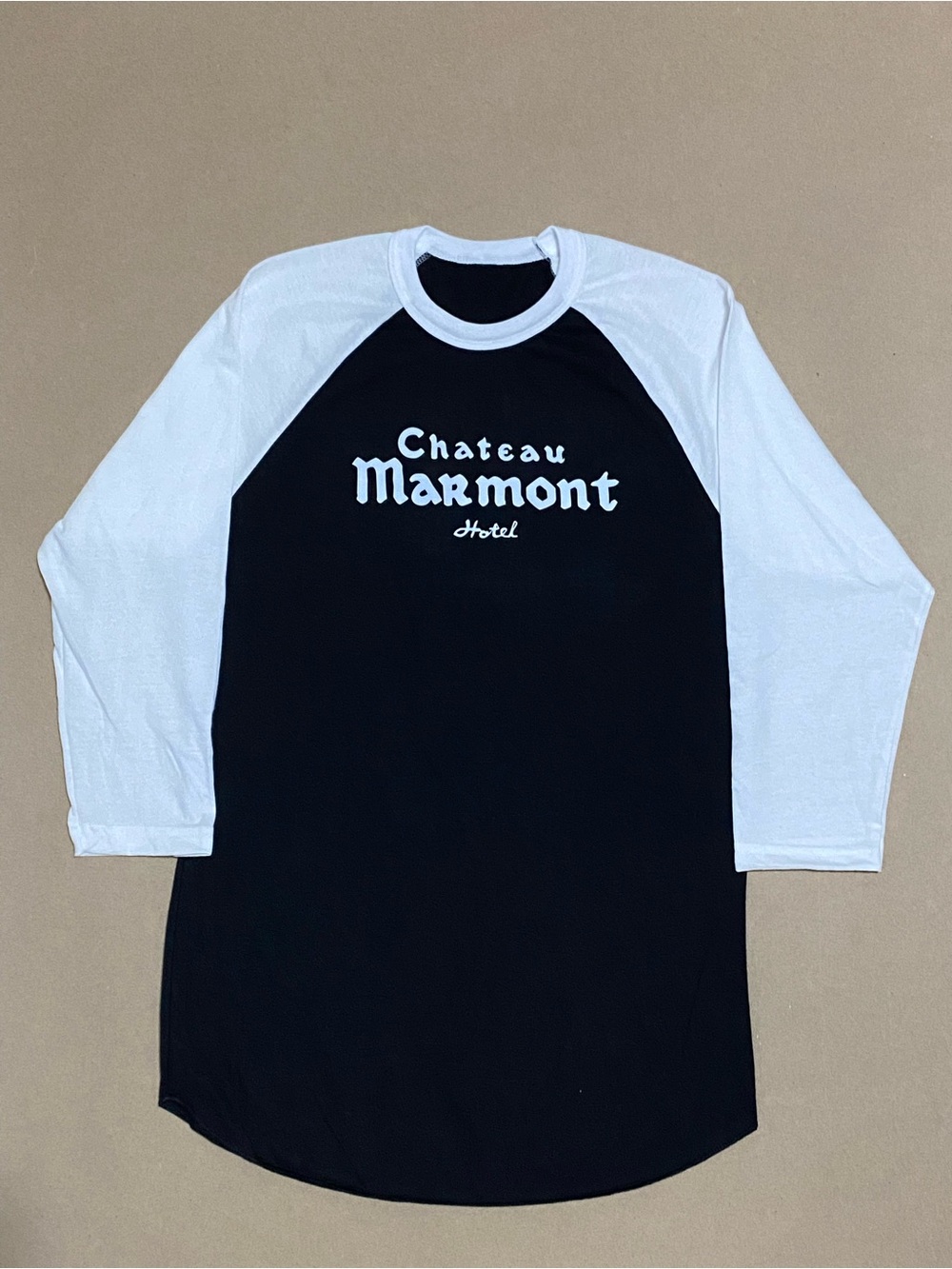 Black and white Chateau Marmont Hotel raglan baseball tee with 3/4 sleeves